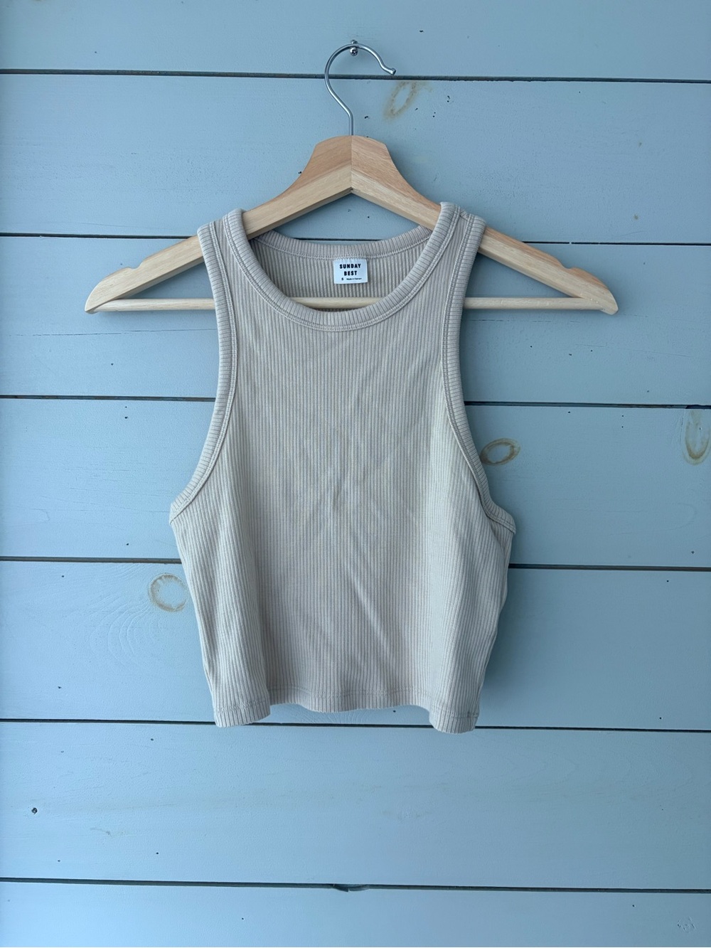 Aritzia Sunday Best Beige Ribbed Cropped Racerback Tank – Small